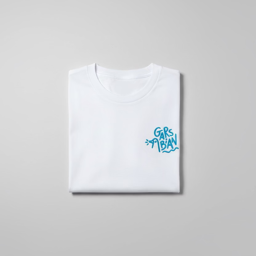 White gars bean t-shirt with blue text on a gray background